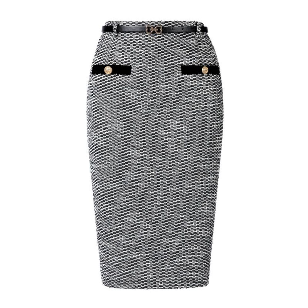 Women's Pencil Skirt Button Decor Bodycon Office Tweed Skirt w Belt Black